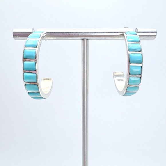 VTG Solid Sterling Silver 925 Turquoise Half Hoop Earrings Size 1" Length - Picture 1 of 12